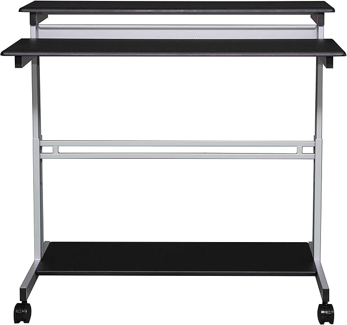 Stand Up Desk Store Rolling Adjustable Height Two Tier Standing Desk Computer Workstation (Silver Frame/Black Top, 48" Wide)