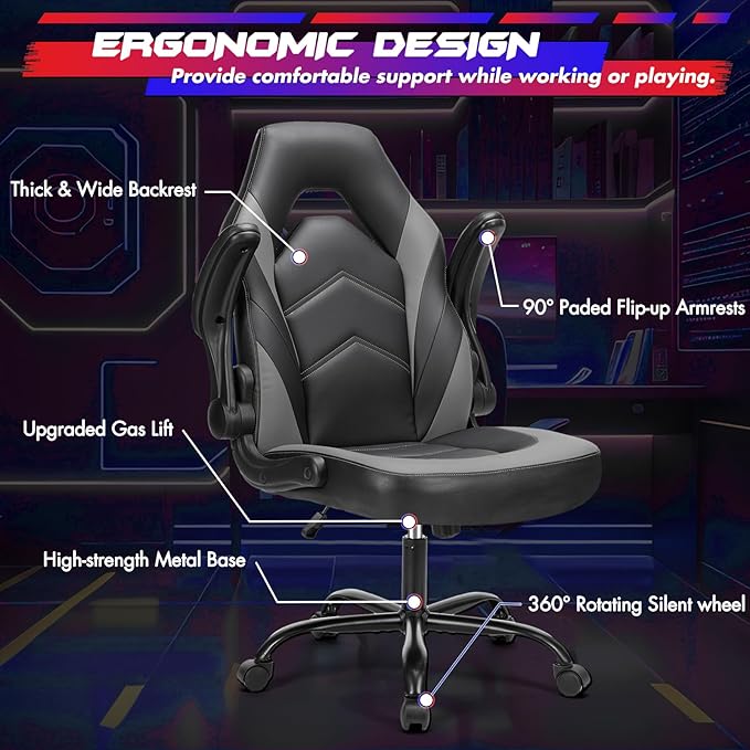 Sweetcrispy Computer Gaming Desk Chair - Ergonomic PU Leather with Comfy Lumbar Support, Height Adjustable Rolling Desk with Flip-up Armrests, for Home and Office