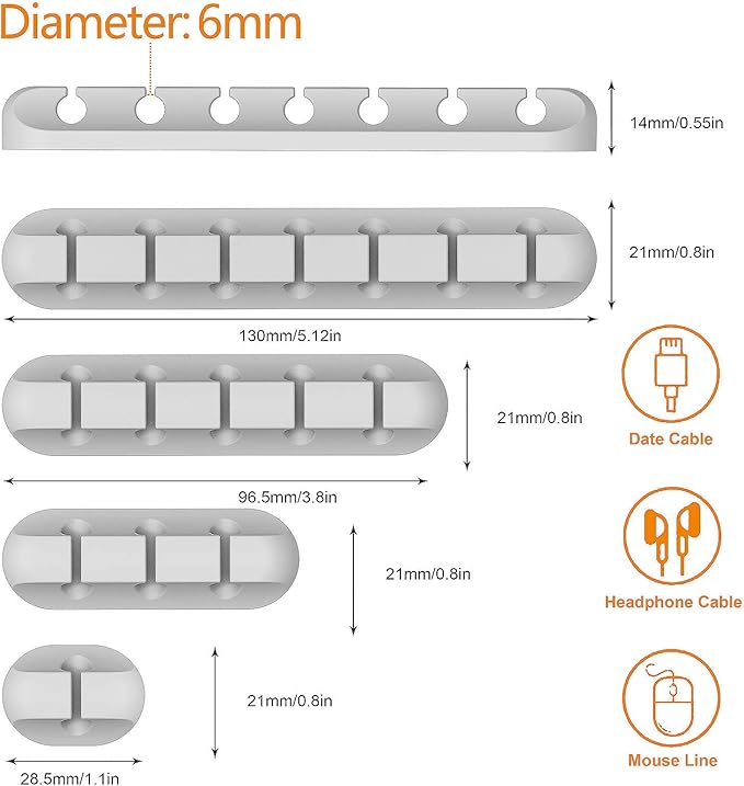 Desk Accessories for Charging Organizer - 5 Packs Grey Computer Desk Accessories and Adhesive Cord Organizer for Cable Holder Cleans Up Messy Wires at Home, Car and Office (7-5-3-1-1 Slots)