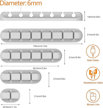 Desk Accessories for Charging Organizer - 5 Packs Grey Computer Desk Accessories and Adhesive Cord Organizer for Cable Holder Cleans Up Messy Wires at Home, Car and Office (7-5-3-1-1 Slots)