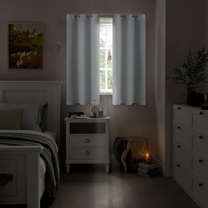 100% Blackout Curtains 63 Inch Length for Bedroom 2 Panels, Bedroom Curtains Thermal Insulated Light Blocking Soundproof Grommet Room Darkening Window Curtains, Each 42 Inch Wide, Greyish White