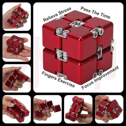 Aluminum Alloy Metal Infinity Cube Fidget Cube (6 Colors) Handheld Fidget Toy Desk Toy with Cool Case Infinity Magic Cube Relieve Stress Anxiety ADHD OCD for Kids and Adults (Red)