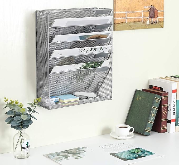 EasyPAG 5 Slot Wall Hanging File Organizer Vertical Office Desk /Wall Mounted File Holder Paper Organizer with Bottom Flat Tray,Black,Silver