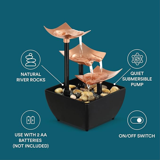 Homedics Golden Dew Relaxation Fountain – Tabletop Water Fountain with 3 Tiers, USB or 2 AA Battery Power, Natural River Rocks, and Quiet Pump for Soothing Zen Ambiance in Home or Office Décor