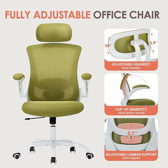 Ergonomic Mesh Office Chair, High Back Executive Desk Chair with Adjustable Headrest and Lumbar Support, Flip-Up Arms, Rocking, Swivel Rolling Computer Mesh Chair for Home Office-Green