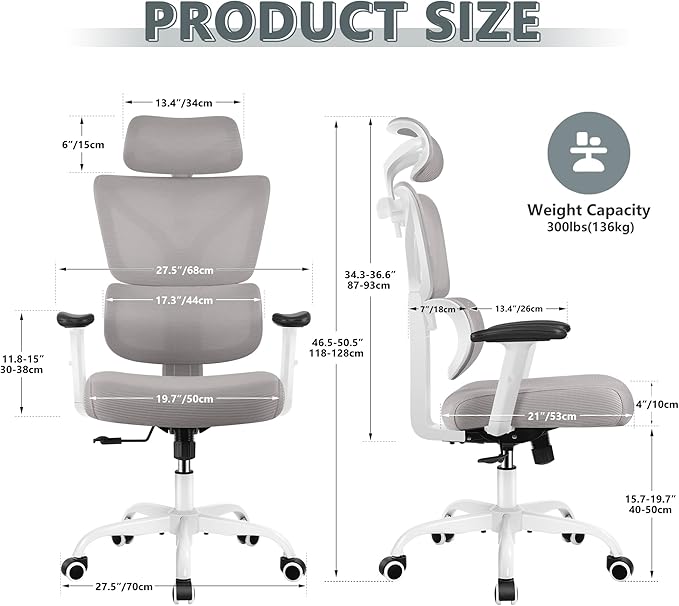 Office Chair Ergonomic Desk Chair, High Back Gaming Chair, Big and Tall Reclining Chair Comfy Home Office Desk Chair Lumbar Support Breathable Mesh Computer Chair Adjustable Armrests (Gray)