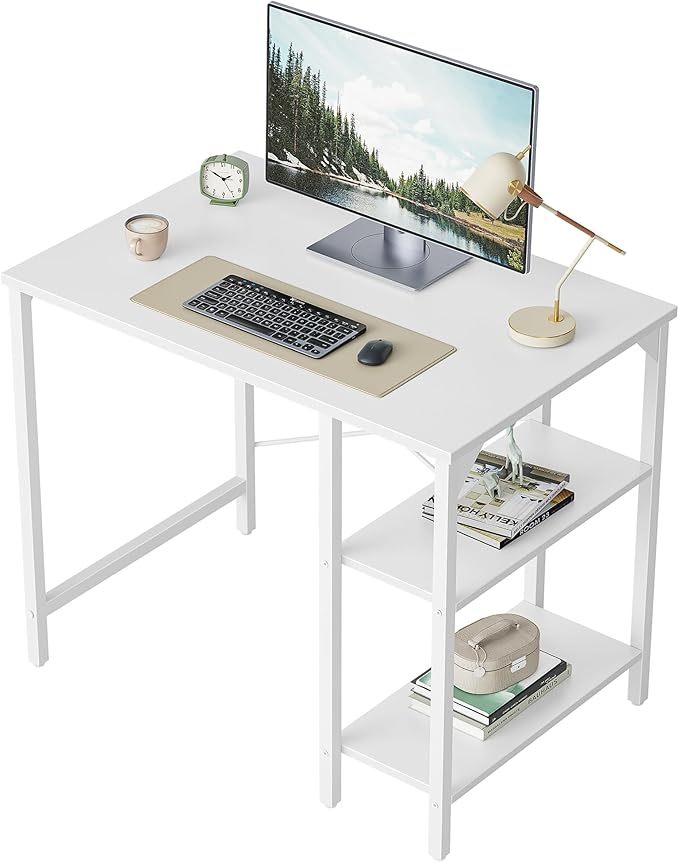 CubiCubi Small Computer Desk, 35 Inch Home Office Desk with Storage Shelves, Study Writing Desk, White