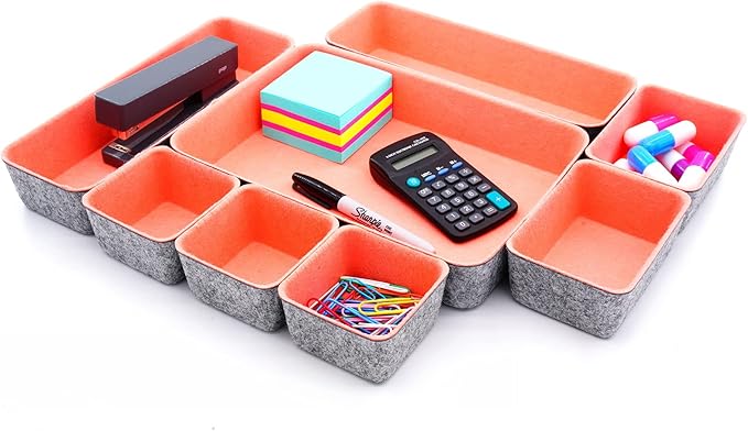 Welaxy desk drawer organizers bin trays dividers small shallow felt storage box sturdy office suppliers makeup crafts pens decluttering 8-piece gifts for women (Coral)