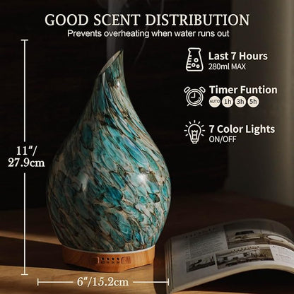 Porseme 280ml Glass Essential Oil Diffuser Aromatherapy Ultrasonic Cool Mist Humidifier 7 Running Hours Waterless Auto-Off Air Diffusers for Sleeping, Yoga, Office Working, Spa and Rest (Light Blue)