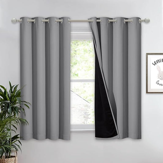 NICETOWN 100% Blackout Curtain with Black Liners, Thermal Insulated Full Blackout 2-Layer Lined Drape, Noise Cancellation Window Drapery for Dining Room (Silver Grey, 1 Panel, 52-inch W by 54-inch L)