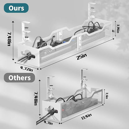 Under Desk Cable Management Tray, 25'' Metal Cable Tray with Clamp for Desk Wire Management, Litwaro Cable Management Under Desk No Drill, Desk Cord Organizer - No Damage to Desk…