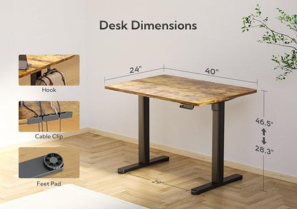 Electric Standing Desk, Adjustable Height Stand up Desk, 40x24 Inches Sit Stand Home Office Desk with Splice Board, Black Frame/Rustic Brown Top