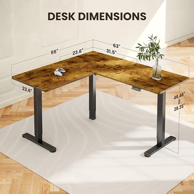 ErGear 63" Dual Motor L Shaped Standing Desk, 28"-46" Electric Height Adjustable, 2 Assembly Options to Fit Room Corner, Suitable for Sitting or Standing Up for Working or Gaming from Home, Vintage