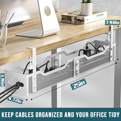 Under Desk Cable Management Tray, 25'' Metal Cable Tray with Clamp for Desk Wire Management, Litwaro Cable Management Under Desk No Drill, Desk Cord Organizer - No Damage to Desk…