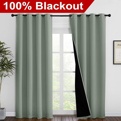 NICETOWN 100% Blackout Window Curtain Panels, Cold and Full Light Blocking Drapes with Black Liner for Nursery, 86 inches Drop Thermal Insulated Draperies (Greyish Green, 2 Pieces, 55" Wide per Panel)