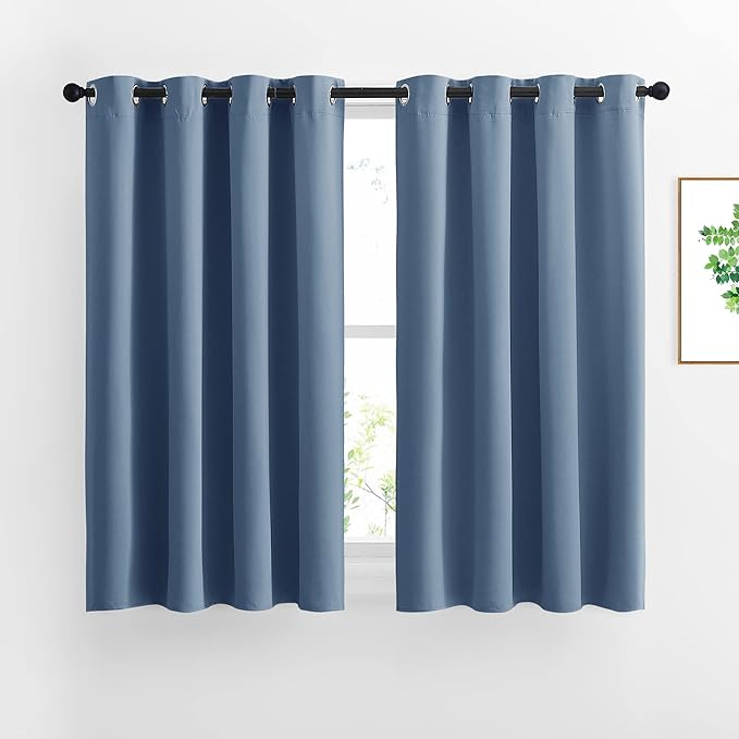 NICETOWN Short Window Curtains 45" L for Kitchen - Grommet Sunlight Reducing Solid Vertical Curtains and Drapes for Cafe & Home Office, Stone Blue, 52" Wide Per Panel, 1 Pair