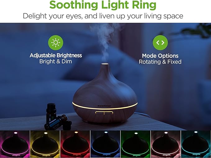 InnoGear Aromatherapy Diffuser & 10 Essential Oils Set, 400ml Diffuser Ultrasonic Diffuser Cool Mist Humidifier with 4 Timers 7 Colors Light Waterless Auto Off for Large Room Office, Yellow Wood Grain