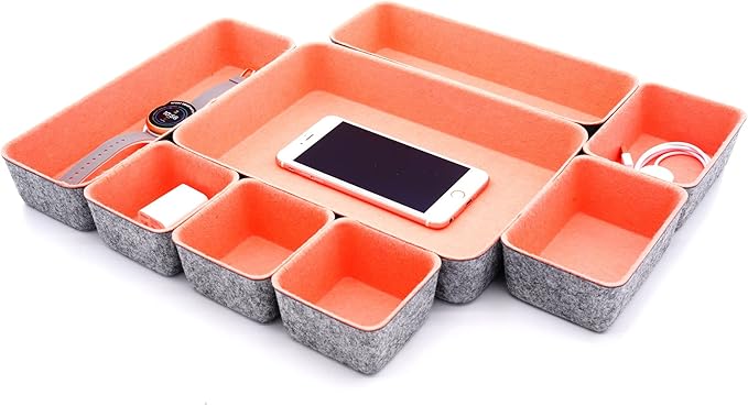 Welaxy desk drawer organizers bin trays dividers small shallow felt storage box sturdy office suppliers makeup crafts pens decluttering 8-piece gifts for women (Coral)