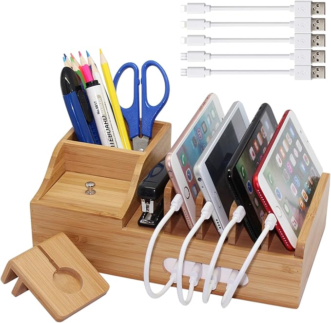 Pezin & Hulin Bamboo Charging Station for Multiple Devices Include 5 Port USB Charger, 5 Cables, Desktop Organizer for Phones, Tablet, Wooden Docking Stations