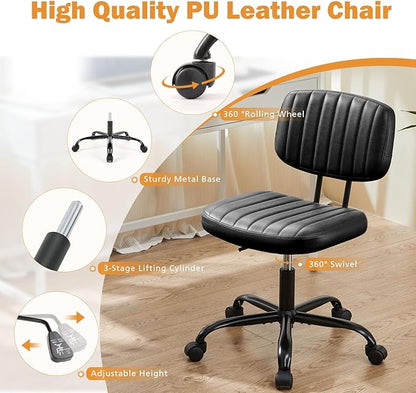 Sweetcrispy Small Office Desk Chair with Wheels Armless Comfy Computer Chair with Lumbar Support, PU Leather Low Back Adjustable Height 360° Rolling Swivel Task Chair Without Arm for Home, Bedroom