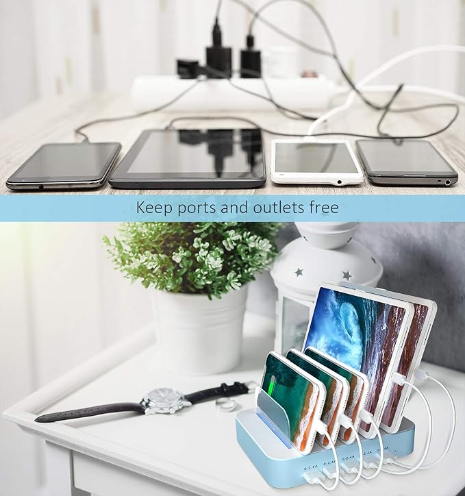 Charging Station for Multiple Devices, 5 Port USB-A Charging Station with 7 Short Mixed Cables, Designed for iPhone iPad Cell Phone Tablets and Other Electronics, Blue