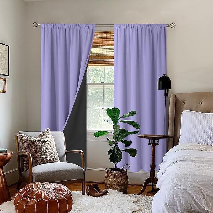 BGment Purple 100% Blackout Curtains for Bedroom 84 Inches Long with Black Liner, Thermal Insulated Double Layer Full Room Darkening Rod Pocket Curtain (52 x 84 Inch, Light Purple, 2 Panels)