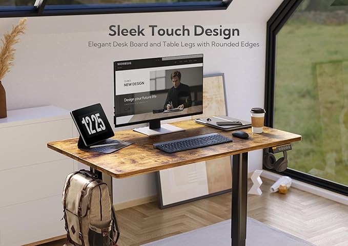 Electric Standing Desk, Adjustable Height Stand up Desk, 40x24 Inches Sit Stand Home Office Desk with Splice Board, Black Frame/Rustic Brown Top