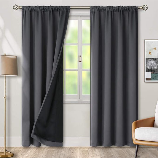 BGment Long Blackout Curtains for Living Room with Black Liner, Full Room Darkening Thermal Insulated Rod Pocket Curtains for Living Room 90 Inch Long, Dark Grey, 2 Panels, 46 Inch Wide