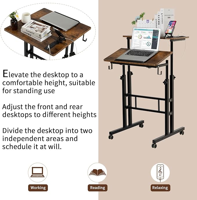 SIDUCAL Mobile Stand Up Desk, Adjustable Laptop Desk with Wheels, Home Office Workstation with USB Ports and Outlets, Rolling Desk Laptop Cart for Standing or Sitting, Rustic Brown