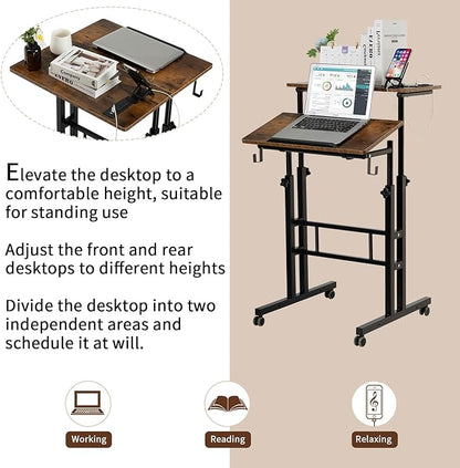 SIDUCAL Mobile Stand Up Desk, Adjustable Laptop Desk with Wheels, Home Office Workstation with USB Ports and Outlets, Rolling Desk Laptop Cart for Standing or Sitting, Rustic Brown