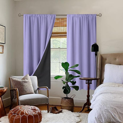 BGment Purple 100% Blackout Curtains for Bedroom 63 Inches Long with Black Liner, Thermal Insulated Double Layer Full Room Darkening Rod Pocket Curtain (52 x 63 Inch, Light Purple, 2 Panels)