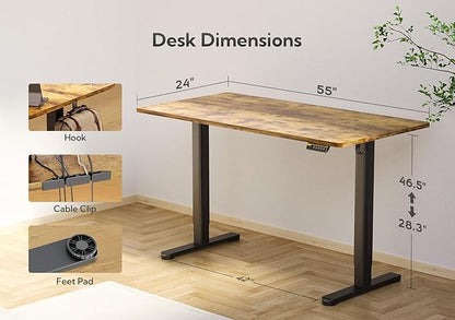 Electric Standing Desk, Adjustable Height Stand up Desk, 55x24 Inches Sit Stand Home Office Desk with Splice Board, Black Frame/Rustic Brown Top