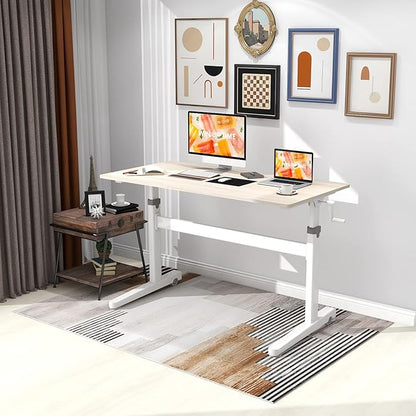 Manual Standing Desk Adjustable Height- Crank Mobile Standing Desk 48 x 24 Inches Sit Stand Desk Frame & Top, Stand Up Desk on Wheels, Computer Desk White Frame & Maple