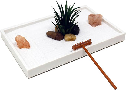 Nature's Mark Mini Zen Garden Kit for Desk with White Sand, Rake, White Base, Salt Rock and Air Plant (Rectangle)