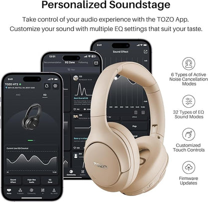 TOZO HT2 Hybrid Active Noise Cancelling Headphones, Wireless Over Ear Bluetooth Headphones, 60H Playtime, Hi-Res Audio Custom EQ via App Deep Bass Comfort Fit Ear Cups, for Home Office Travel Khaki