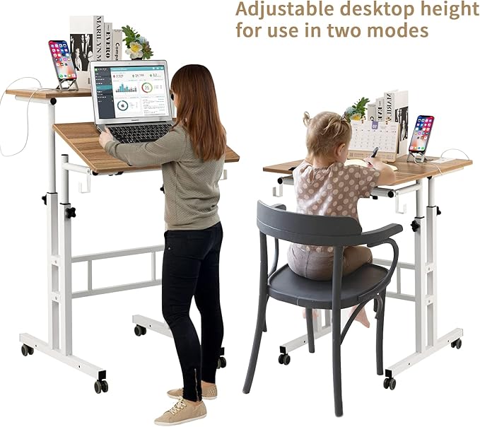 SIDUCAL Mobile Stand Up Desk, Adjustable Laptop Desk with Wheels, Home Office Workstation with USB Ports and Outlets, Rolling Desk Laptop Cart for Standing or Sitting, Vintage Oak