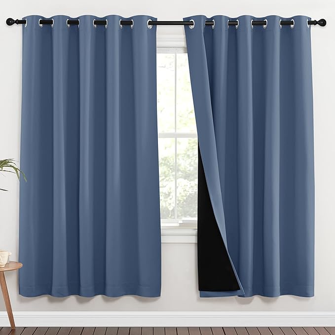 NICETOWN Full Shade Curtain Panels 72 inches Long, Pair of Energy Smart & Noise Blocking Out Blackout Drapes for Guest Room Window, Thermal Insulated Lined Window Dressing (Stone Blue, 70x72)