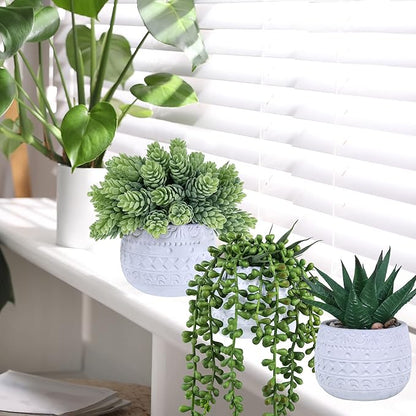 Winlyn 3 Pcs Assorted Small Potted Succulent Plants Artificial Aloe Hanging Succulent in White Geometric Concrete Ceramic Pots for Gift Party Wedding Favors Windowsill Table Shelf Indoor Outdoor Decor