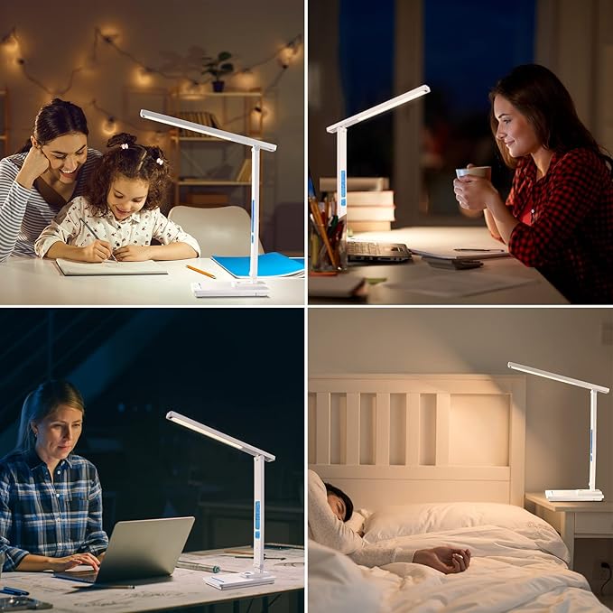 LED Desk Lamp with Wireless Charger: Desk Lamps for Home Office Bedroom, 5 Color Modes & Brightness Dimmable, 2 Night Light