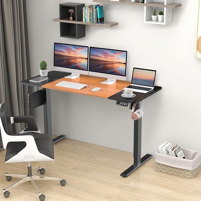 Electric Standing Desk, 55" x 23.6" Height Adjustable Sit Stand Desk with Splice Board for Home Office, Computer Desk Memory Preset (Black Frame, Black & Cherry Desktop)