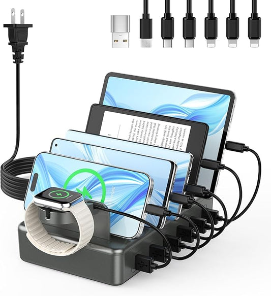 CREATIVE DESIGN 50W Fast Charging Station, 6 Port Apple Charging Station for Multiple Devices Compatible with iPhone,iPad, Tablet,Kindle ect,with 6 Short Cables and Apple Watch Holder（Space Gray）