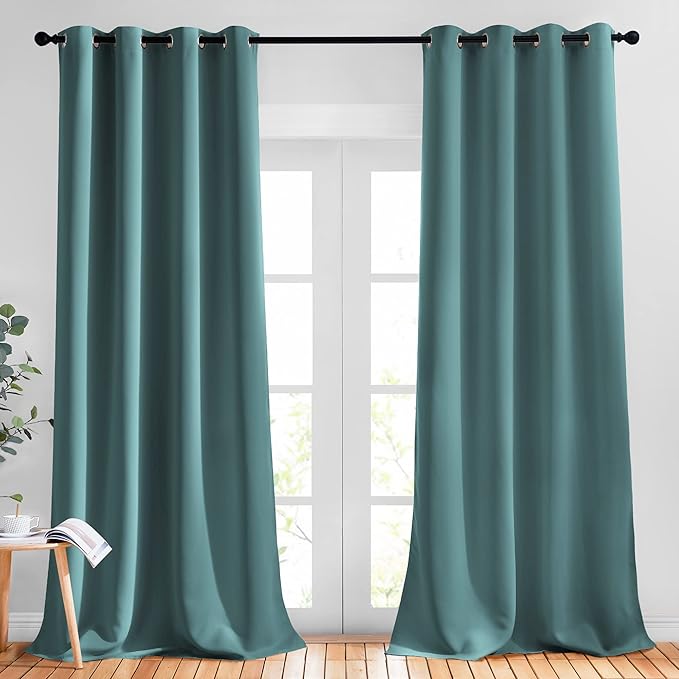 NICETOWN Blackout Curtains for Kids Room - Triple Weave Microfiber Home Thermal Insulated Solid Ring Top Blackout Panels/Drapes for Bedroom(Sea Teal, Set of 2, 52 x 95 Inch)