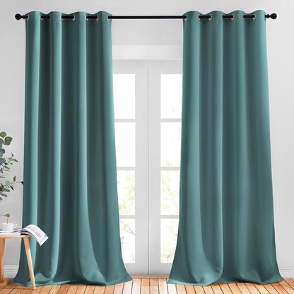 NICETOWN Blackout Curtains for Kids Room - Triple Weave Microfiber Home Thermal Insulated Solid Ring Top Blackout Panels/Drapes for Bedroom(Sea Teal, Set of 2, 52 x 95 Inch)