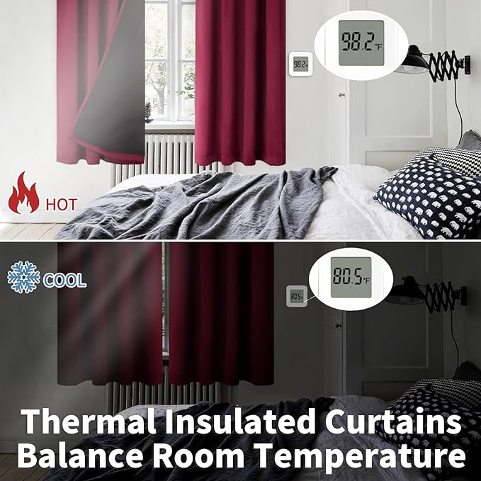 BGment Thermal Insulated 100% Blackout Curtains for Bedroom with Black Liner, Christmas Double Layer Full Room Darkening Noise Reducing Rod Pocket Curtain (52 x 45 Inch, Burgundy Red, 2 Panels)