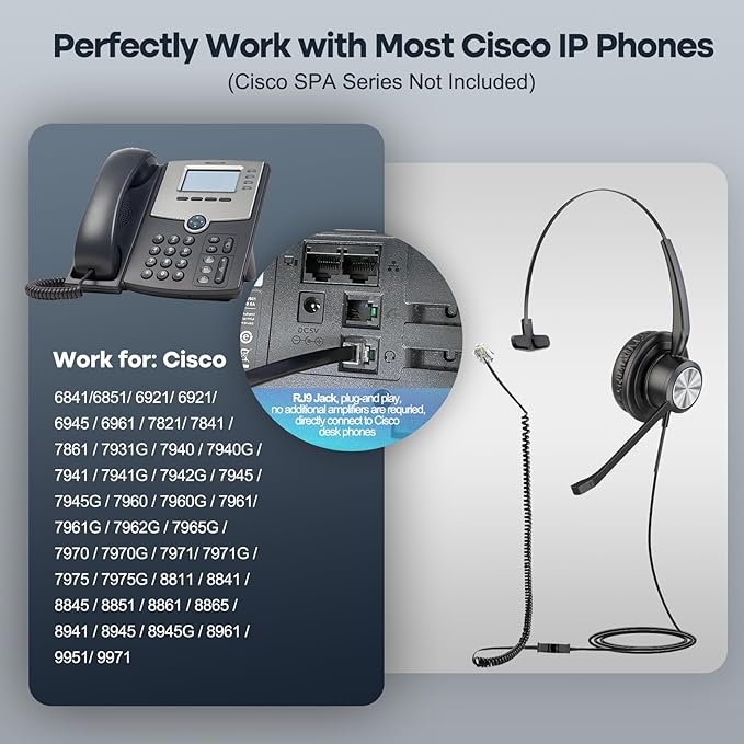 MKJ Cisco Phone Headset Corded RJ9 Telephone Headset with Noise Cancelling Microphone for Cisco CP-7821 7841 7942G 7931G 7940 7941G 7945G 7960 7961G 7962G 7965G 7975G 8811 8841 8861 9951 9971