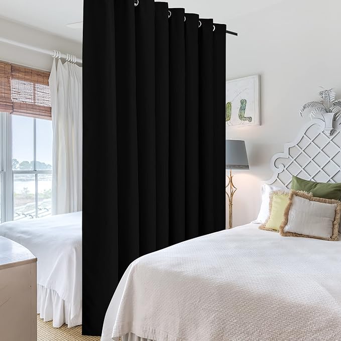 RYB HOME Extra Wide Long Curtain Privacy Office Space Divider Wall Panel, Portable Grommet Room Divider Curtain for Patio Sliding Glass Door Pool House, 9 ft Tall x 15 ft Wide, Black, 1 Pack