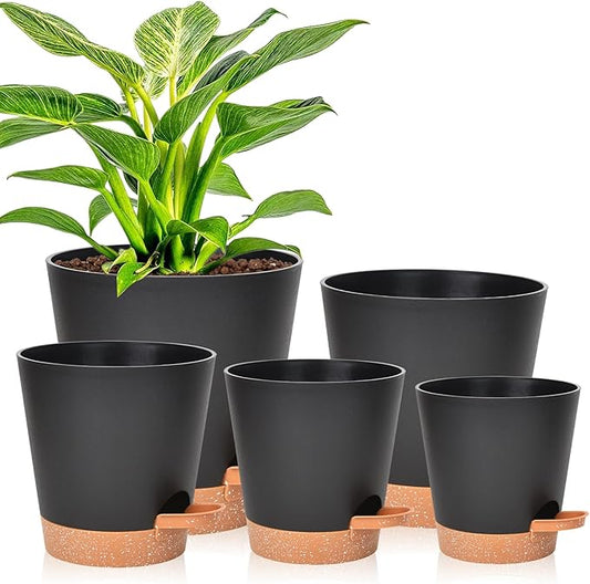 Planters for Indoor Plants 7/6.5/6/5.5/5 Inch, Self Watering Flower Pots with Drainage Holes and Saucers 5 Pack Plastic Pots for Plants, Succulents, Herbs, Cactus, Flower, Black