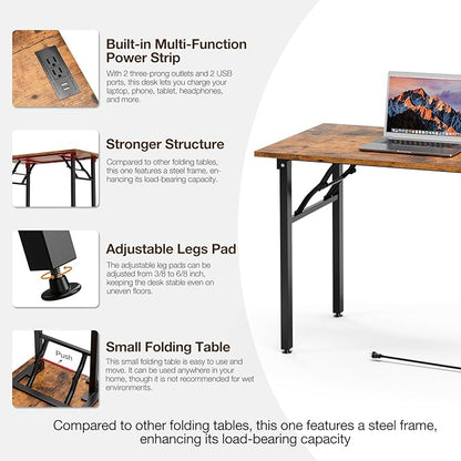 TEMI Small Computer Desk Folding Table - No Assembly, Compact 43.3" Foldable Desk with Power Outlets & USB Charging Port, Portable Small Office Desk, Ideal Mini Study Table for Small Spaces, Brown