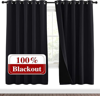 NICETOWN 100% Blackout Window Curtain Panels, Full Light Blocking Drapes with Black Liner for Nursery, 72 inches Drop Thermal Bedroom Drapes and Curtains (Black, 2 Pieces, 70 inches Wide Per Panel)