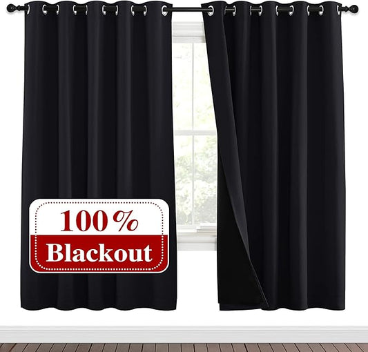 NICETOWN 100% Blackout Window Curtain Panels, Full Light Blocking Drapes with Black Liner for Nursery, 72 inches Drop Thermal Bedroom Drapes and Curtains (Black, 2 Pieces, 70 inches Wide Per Panel)